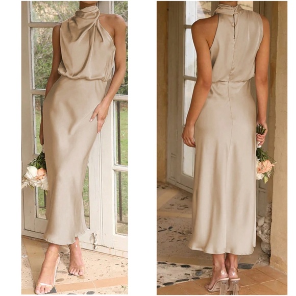 Luxe Sleeveless Satin Drape Neck Party Evening Midi Dress - Picture 2 of 7